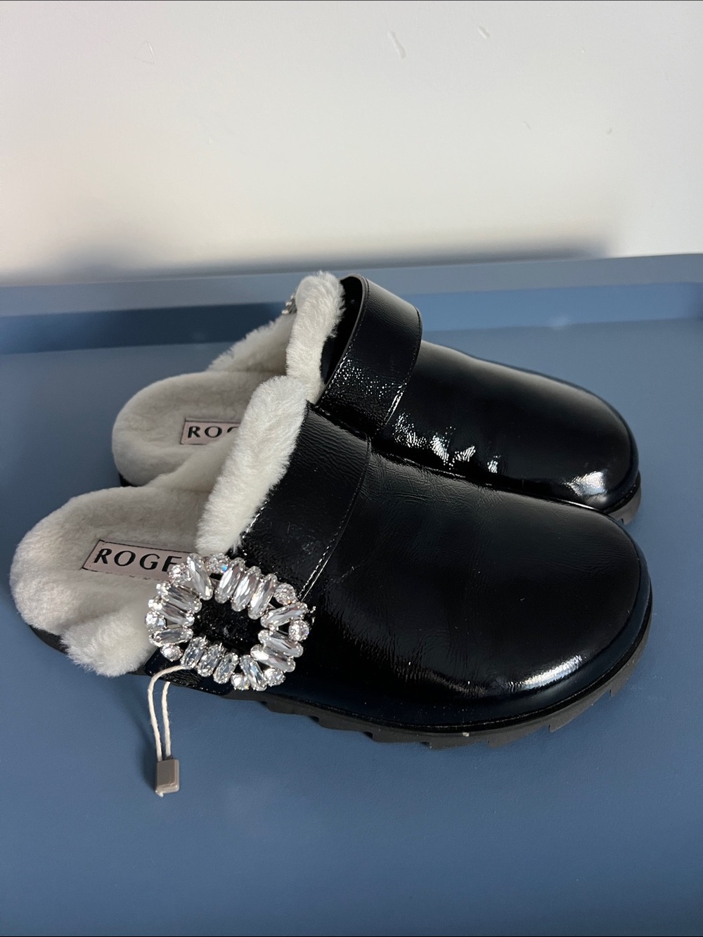 Roger Vivier paris black patent leather white shearling fur mules crystals 35